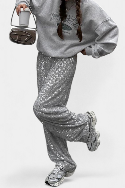 Elva | Pantalones de Lentejuelas de Cintura Alta y Corte Holgado